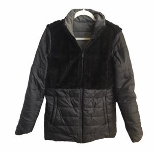 North Face Woman's Grey Black Reversible Puffer Coat Fur-Lined Jacket, Size XL